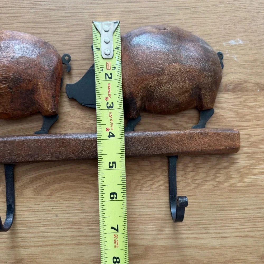 Vintage‎ Wooden Pig Wall Hook Rack Carved Wood Rustic Farmhouse Decor 4 Hooks